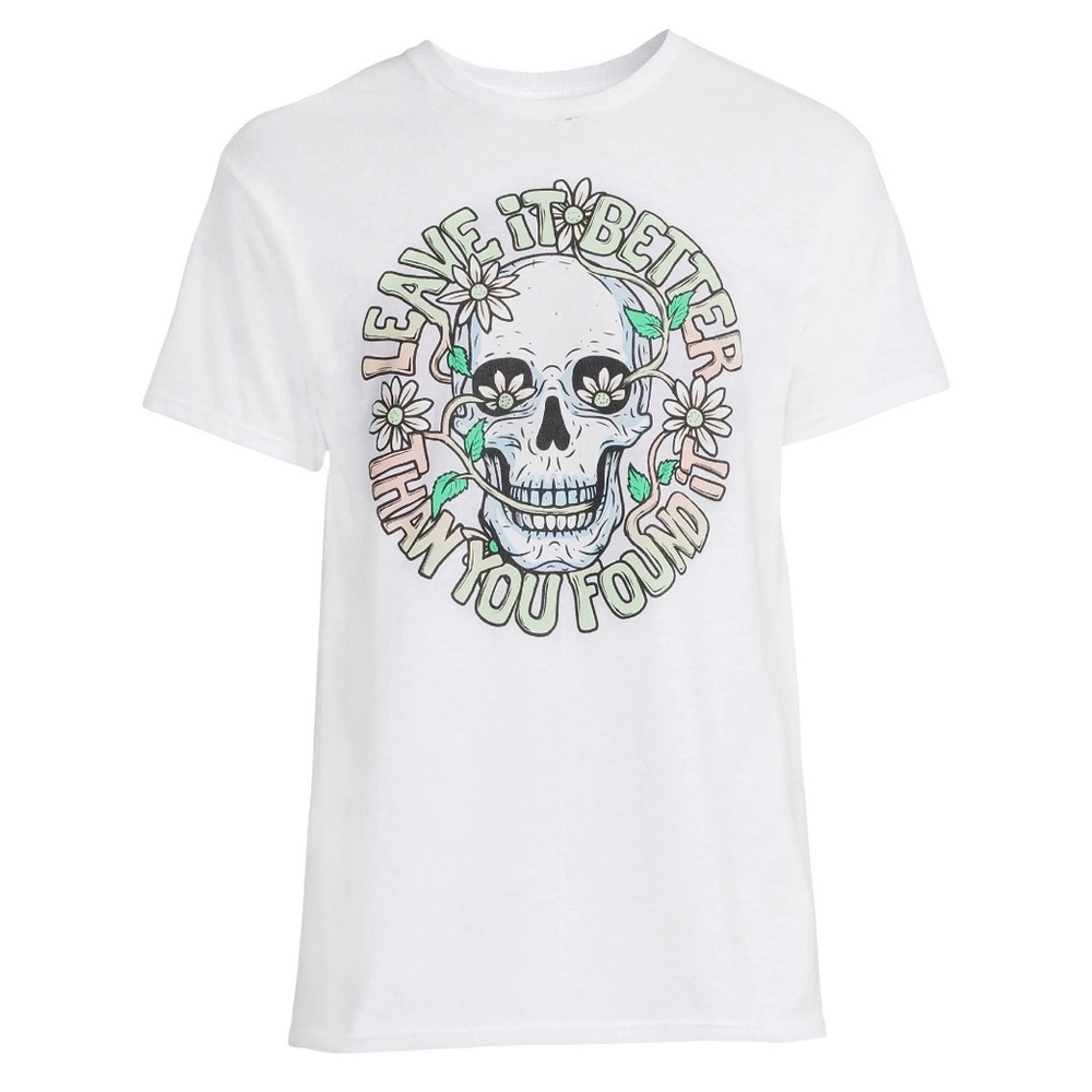 NEW White Skull Flowers Day of Dead Leave it Better Than You Found It T-shirt M